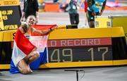 2 March 2024; Femke Bol of Netherlands celebrates after winning the Women's 400m Final in a world record time on day two of the World Indoor Athletics Championships 2024 at Emirates Arena in Glasgow, Scotland. Photo by Sam Barnes/Sportsfile