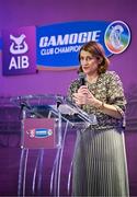 2 March 2024; Uachtarán an Cumann Camógaíochta Hilda Breslin speaking during the AIB Camogie Club Player Awards at Croke Park in Dublin. Photo by Seb Daly/Sportsfile