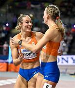 2 March 2024; Femke Bol of Netherlands celebrates with Lieke Klaver, left, after the Women's 400m Final on day two of the World Indoor Athletics Championships 2024 at Emirates Arena in Glasgow, Scotland. Photo by Sam Barnes/Sportsfile