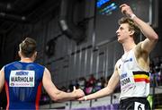 2 March 2024; Alexander Doom of Belgium is congratulated by Karsten Warholm of Norway after winning the Men's 400m Final on day two of the World Indoor Athletics Championships 2024 at Emirates Arena in Glasgow, Scotland. Photo by Sam Barnes/Sportsfile