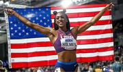 2 March 2024; Alexis Holmes of USA celebrates winning bronze in the Women's 400m Final on day two of the World Indoor Athletics Championships 2024 at Emirates Arena in Glasgow, Scotland. Photo by Sam Barnes/Sportsfile