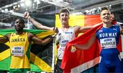 2 March 2024; Gold medallst Alexander Doom of Belgium with bronze medallist Rusheen McDonald of Jamaica, left, and silver medallist Karsten Warholm of Norway after the Men's 400m Final on day two of the World Indoor Athletics Championships 2024 at Emirates Arena in Glasgow, Scotland. Photo by Sam Barnes/Sportsfile