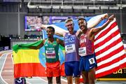 2 March 2024; Gold medallist Josh Kerr of Great Britain with bronze medallist Selemon Barega of Ethiopia, left, and silver medallist Yared Nuguse of USA after the Men's 3000m Final on day two of the World Indoor Athletics Championships 2024 at Emirates Arena in Glasgow, Scotland. Photo by Sam Barnes/Sportsfile