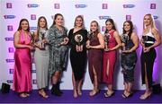 2 March 2024; Dicksboro, Kilkenny, players, from left, Jane Cass, Aobha O’Gorman, Kirsty Maher, Aoife Prendergast, Ciara Phelan, Katie Byrne, Amy Clifford, and Asha McHardy, with their 2023 Team of the Year awards during the AIB Camogie Club Player Awards at Croke Park in Dublin. The awards recognise the top performing players throughout the AIB Camogie Club Championships and celebrate their hard work, commitment, and individual achievements from the 2023 season. Photo by Seb Daly/Sportsfile