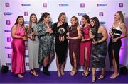 2 March 2024; Dicksboro, Kilkenny, players, from left, Jane Cass, Aobha O’Gorman, Kirsty Maher, Aoife Prendergast, Ciara Phelan, Katie Byrne, Amy Clifford, and Asha McHardy, with their 2023 Team of the Year awards during the AIB Camogie Club Player Awards at Croke Park in Dublin. The awards recognise the top performing players throughout the AIB Camogie Club Championships and celebrate their hard work, commitment, and individual achievements from the 2023 season. Photo by Seb Daly/Sportsfile