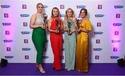 2 March 2024; Sarsfields, Galway, players, from left, Maria Cooney, Sarah Spellman, Laura Ward, and Tara Kenny with their 2023 Team of the Year awards during the AIB Camogie Club Player Awards at Croke Park in Dublin. The awards recognise the top performing players throughout the AIB Camogie Club Championships and celebrate their hard work, commitment, and individual achievements from the 2023 season. Photo by Seb Daly/Sportsfile