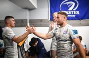 2 March 2024; Jordan Larmour of Leinster is presented a jersey by teammate Luke McGrath after making his 100th appearance in the United Rugby Championship match between Cardiff and Leinster at Cardiff Arms Park in Cardiff, Wales. Photo by Harry Murphy/Sportsfile