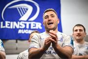 2 March 2024; Jordan Larmour of Leinster sings in the dressing room after making his 100th appearance in the United Rugby Championship match between Cardiff and Leinster at Cardiff Arms Park in Cardiff, Wales. Photo by Harry Murphy/Sportsfile
