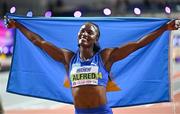 2 March 2024; Julien Alfred of Saint Lucia celebrates after winning the Women's 60m Final on day two of the World Indoor Athletics Championships 2024 at Emirates Arena in Glasgow, Scotland. Photo by Sam Barnes/Sportsfile