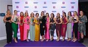 2 March 2024; 2023 Team of the Year players, from left, Lucy Allen of Sarsfields, Cork, Maria Cooney of Sarsfields, Galway, Sarah Spellman of Sarsfields, Galway, Caitrin Dobbin of Loughgiel Shamrocks, Antrim, Laura Ward of Sarsfields, Galway, Tara Kenny of Sarsfields, Galway, and Dicksboro, Kilkenny, players, Aoife Prendergast, Jane Cass, Amy Clifford, Ciara Phelan, Katie Byrne, Aobha O’Gorman, Asha McHardy, and Kirsty Maher, during the AIB Camogie Club Player Awards at Croke Park in Dublin. The awards recognise the top performing players throughout the AIB Camogie Club Championships and celebrate their hard work, commitment, and individual achievements from the 2023 season.. Photo by Seb Daly/Sportsfile