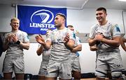 2 March 2024; Jordan Larmour of Leinster sings in the dressing room after making his 100th appearance in the United Rugby Championship match between Cardiff and Leinster at Cardiff Arms Park in Cardiff, Wales. Photo by Harry Murphy/Sportsfile