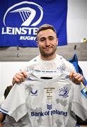 2 March 2024; Jordan Larmour of Leinster with a commemorative jersey after making his 100th appearance in the United Rugby Championship match between Cardiff and Leinster at Cardiff Arms Park in Cardiff, Wales. Photo by Harry Murphy/Sportsfile