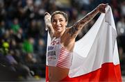 2 March 2024; Ewa Swoboda of Poland celebrates after finishing second in the Women's 60m Final on day two of the World Indoor Athletics Championships 2024 at Emirates Arena in Glasgow, Scotland. Photo by Sam Barnes/Sportsfile