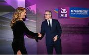2 March 2024; 2023 AIB Camogie Club Player of the Year Aoife Prendergast of Dicksboro, Kilkenny, is congratluated by AIB chief marketing officer Mark Doyle during the AIB Camogie Club Player Awards at Croke Park in Dublin. Photo by Seb Daly/Sportsfile
