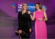 2 March 2024; 2023 AIB Camogie Club Player of the Year Aoife Prendergast of Dicksboro, Kilkenny, is interviewed by Host and MC Grainne McElwain during the AIB Camogie Club Player Awards at Croke Park in Dublin. Photo by Seb Daly/Sportsfile