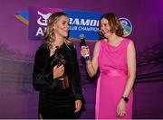 2 March 2024; 2023 AIB Camogie Club Player of the Year Aoife Prendergast of Dicksboro, Kilkenny, is interviewed by Host and MC Grainne McElwain during the AIB Camogie Club Player Awards at Croke Park in Dublin. Photo by Seb Daly/Sportsfile