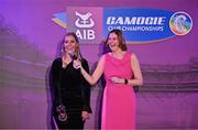 2 March 2024; 2023 AIB Camogie Club Player of the Year Aoife Prendergast of Dicksboro, Kilkenny, is interviewed by Host and MC Grainne McElwain during the AIB Camogie Club Player Awards at Croke Park in Dublin. Photo by Seb Daly/Sportsfile