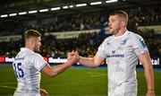 2 March 2024; Ross Molony and Jordan Larmour of Leinster after their side's victory in the United Rugby Championship match between Cardiff and Leinster at Cardiff Arms Park in Cardiff, Wales. Photo by Harry Murphy/Sportsfile