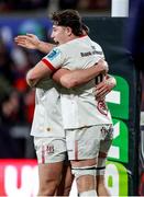 2 March 2024; David McCann of Ulster scores the final try and is congratulated by his captain James Hume during the United Rugby Championship match between Ulster and Dragons at Kingspan Stadium in Belfast. Photo by John Dickson/Sportsfile