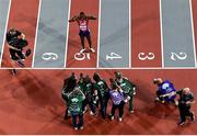 2 March 2024; Grant Holloway of USA celebrates after winning the men's 60m hurdles final during day two of the World Indoor Athletics Championships 2024 at Emirates Arena in Glasgow, Scotland. Photo by Sam Barnes/Sportsfile