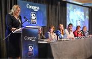 2 March 2024; Presidential candidate Trina Murray addresses delegates during the LGFA Annual Congress at The Falls Hotel in Ennistymon, Clare. Photo by Brendan Moran/Sportsfile