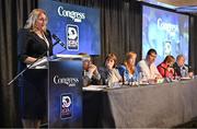 2 March 2024; Presidential candidate Trina Murray addresses delegates during the LGFA Annual Congress at The Falls Hotel in Ennistymon, Clare. Photo by Brendan Moran/Sportsfile