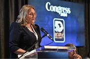 2 March 2024; Presidential candidate Trina Murray addresses delegates during the LGFA Annual Congress at The Falls Hotel in Ennistymon, Clare. Photo by Brendan Moran/Sportsfile