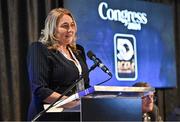 2 March 2024; Presidential candidate Trina Murray addresses delegates during the LGFA Annual Congress at The Falls Hotel in Ennistymon, Clare. Photo by Brendan Moran/Sportsfile