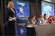 2 March 2024; Leinster LGFA President Trina Murray reacts after being confirmed as Uachtarán Tofa of the LGFA during the LGFA Annual Congress at The Falls Hotel in Ennistymon, Clare. Photo by Brendan Moran/Sportsfile