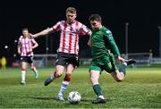 1 March 2024; Kian Leavy of St Patrick's Athletic and Ronan Boyce of Derry City during the SSE Airtricity Men's Premier Division match between Derry City and St Patrick's Athletic at The Ryan McBride Brandywell Stadium in Derry. Photo by Ben McShane/Sportsfile