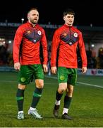 1 March 2024; Ryan McLaughlin, left, and Arron Pettifer of St Patrick's Athletic during the SSE Airtricity Men's Premier Division match between Derry City and St Patrick's Athletic at The Ryan McBride Brandywell Stadium in Derry. Photo by Ben McShane/Sportsfile