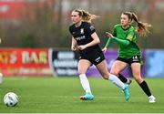 2 March 2024; Madison Gibson of Athlone Town in action against Jessica Fitzgerald of Peamount United during the 2024 Women's President's Cup match between Athlone Town and Peamount United at Athlone Town Stadium in Athlone, Westmeath. Photo by Tyler Miller/Sportsfile