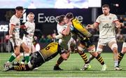2 March 2024; Sean Reffell of Ulster in action against Dan Lydiate and Taine Basham of the Dragons during the United Rugby Championship match between Ulster and Dragons at Kingspan Stadium in Belfast. Photo by John Dickson/Sportsfile