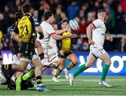 2 March 2024; David McCann of Ulster gathers to race clear to score the final try  during the United Rugby Championship match between Ulster and Dragons at Kingspan Stadium in Belfast. Photo by John Dickson/Sportsfile