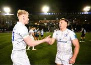 2 March 2024; Jamie Osborne and Liam Turner of Leinster after their side's victory in the United Rugby Championship match between Cardiff and Leinster at Cardiff Arms Park in Cardiff, Wales. Photo by Harry Murphy/Sportsfile