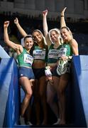 3 March 2024; The Ireland relay team, from left, Phil Healy, Sharlene Mawdsley, Roisin Harrison and Sophie Becker after qualifying for the women's 4x400m relay final during day three of the World Indoor Athletics Championships 2024 at Emirates Arena in Glasgow, Scotland. Photo by Sam Barnes/Sportsfile