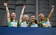 3 March 2024; The Ireland relay team, from left, Sophie Becker, Roisin Harrison, Phil Healy and Sharlene Mawdsley after qualifying for the women's 4x400m relay final during day three of the World Indoor Athletics Championships 2024 at Emirates Arena in Glasgow, Scotland. Photo by Sam Barnes/Sportsfile