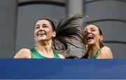 3 March 2024; Members of the Ireland relay team Phil Healy, left, and Sophie Becker celebrate after qualifying for the women's 4x400m relay final with a national record of 3:28.45 during day three of the World Indoor Athletics Championships 2024 at Emirates Arena in Glasgow, Scotland. Photo by Sam Barnes/Sportsfile
