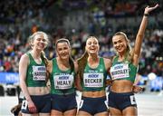 3 March 2024; The Ireland women's 4x400m relay team, from left, Roisin Harrison, Phil Healy, Sophie Becker and Sharlene Mawdsley celebrate after qualifying for the women's 4x400m relay final with a national record of 3:28.45 during day three of the World Indoor Athletics Championships 2024 at Emirates Arena in Glasgow, Scotland. Photo by Sam Barnes/Sportsfile