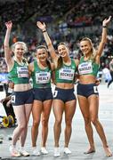 3 March 2024; The Ireland women's 4x400m relay team, from left, Roisin Harrison, Phil Healy, Sophie Becker and Sharlene Mawdsley celebrate after qualifying for the women's 4x400m relay final with a national record of 3:28.45 during day three of the World Indoor Athletics Championships 2024 at Emirates Arena in Glasgow, Scotland. Photo by Sam Barnes/Sportsfile