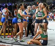3 March 2024; The Ireland women's 4x400m relay team, from left, Phil Healy, Roisin Harrison, Sophie Becker and Sharlene Mawdsley after qualifying for the women's 4x400m relay final with a national record of 3:28.45 during day three of the World Indoor Athletics Championships 2024 at Emirates Arena in Glasgow, Scotland. Photo by Sam Barnes/Sportsfile