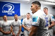 2 March 2024; Michael Ala'alatoa of Leinster with teammates in the dressing room after his side's victory in the United Rugby Championship match between Cardiff and Leinster at Cardiff Arms Park in Cardiff, Wales. Photo by Harry Murphy/Sportsfile