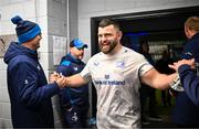 2 March 2024; Michael Milne of Leinster with senior coach Jacques Nienaber after his side's victory in the United Rugby Championship match between Cardiff and Leinster at Cardiff Arms Park in Cardiff, Wales. Photo by Harry Murphy/Sportsfile