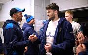 2 March 2024; Harry Byrne of Leinster with backs coach Andrew Goodman after his side's victory in the United Rugby Championship match between Cardiff and Leinster at Cardiff Arms Park in Cardiff, Wales. Photo by Harry Murphy/Sportsfile