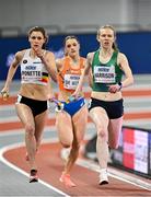 3 March 2024; Roisin Harrison of Ireland, right, competes the women's 4x400m relay during day three of the World Indoor Athletics Championships 2024 at Emirates Arena in Glasgow, Scotland. Photo by Sam Barnes/Sportsfile