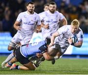 2 March 2024; Jamie Osborne of Leinster is tackled by Max Clark of Cardiff during the United Rugby Championship match between Cardiff and Leinster at Cardiff Arms Park in Cardiff, Wales. Photo by Harry Murphy/Sportsfile
