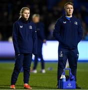 2 March 2024; Leinster athletic performance intern Orla Hayes and senior performance nutrionist Eoghan Hickey  the United Rugby Championship match between Cardiff and Leinster at Cardiff Arms Park in Cardiff, Wales. Photo by Harry Murphy/Sportsfile