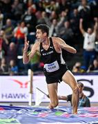 3 March 2024; Hamish Kerr of New Zealand celebrates clearing a world lead height of 2.36m in the men's high jump during day three of the World Indoor Athletics Championships 2024 at Emirates Arena in Glasgow, Scotland.  Photo by Sam Barnes/Sportsfile