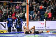 3 March 2024; Hamish Kerr of New Zealand celebrates clearing a world lead height of 2.36m in the men's high jump during day three of the World Indoor Athletics Championships 2024 at Emirates Arena in Glasgow, Scotland.  Photo by Sam Barnes/Sportsfile