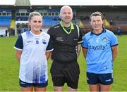 3 March 2024; Referee Jonathan Murphy with Waterford captain Kellyann Hogan, left, and Dublin captain Leah Caffrey before the Lidl LGFA National League Division 1 Round 5 match between Waterford and Dublin at Fraher Field in Dungarvan, Waterford. Photo by Seb Daly/Sportsfile
